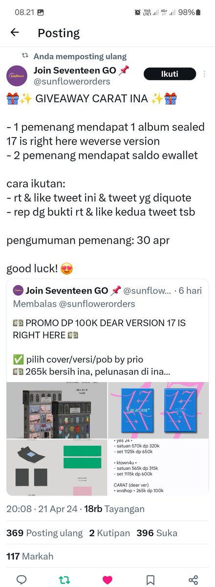 qorilutfi's tweet photo. @sunflowerorders Bismillah ikutan giveaway dari kaka nya,semoga dapet soalnya belum punya album svt satu pun huhu😭😭😭,semoga sehat selalu tambah barokah kakak😘😘 https://t.co/x7h6sxEhZG