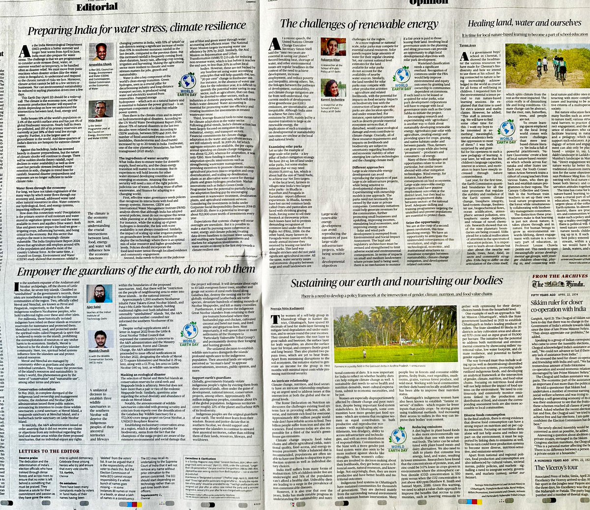 Happy #EarthDay2024 to all of us - and the planet! #ThematicPages @the_hindu With thanks to the experts who wrote for us on this day and to @radhikasan and Murali Krishnaswamy for superb editing as always.