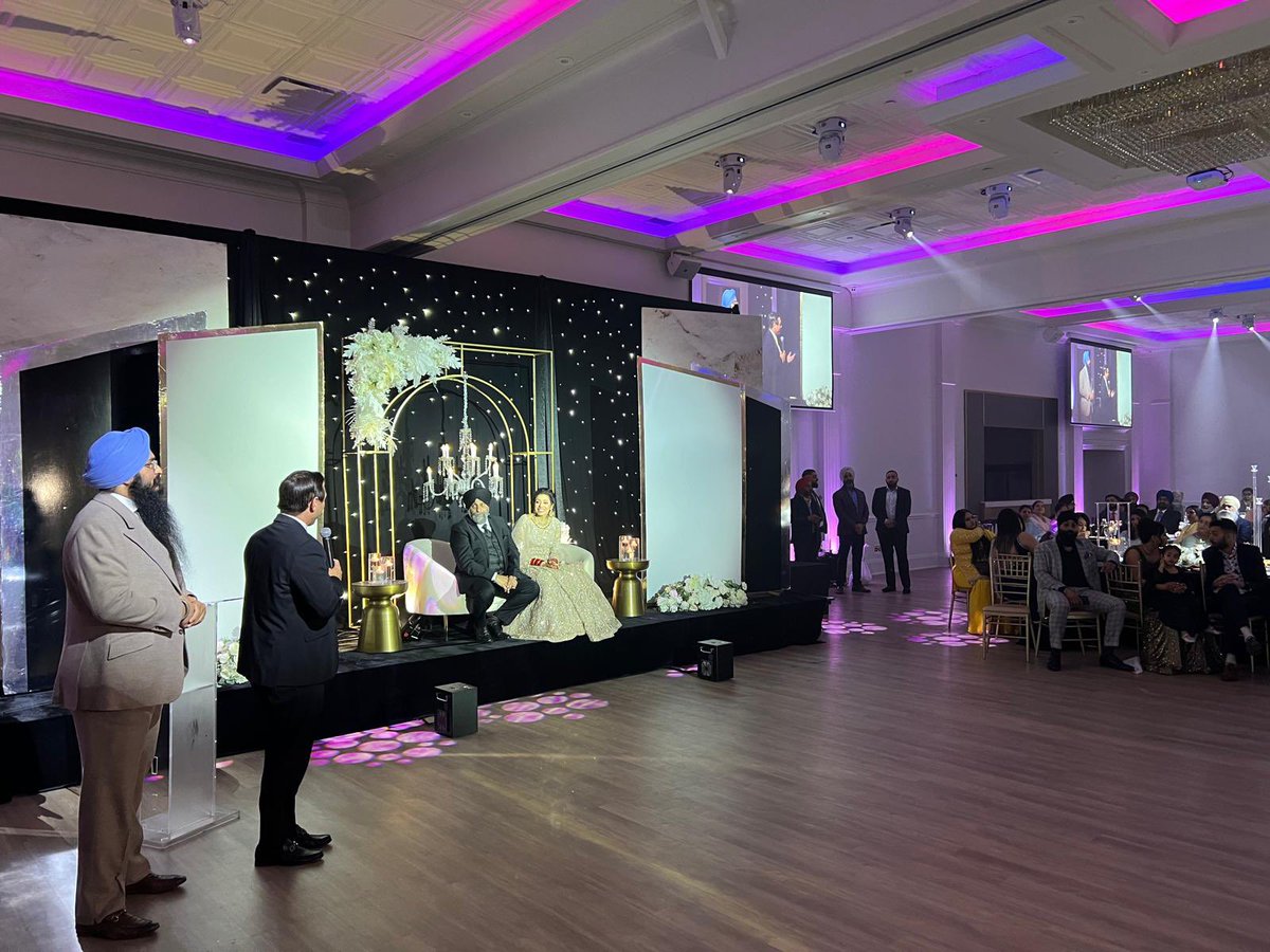 patrickbrownont's tweet photo. Happy to speak of Jasbee and Harpreet Hansra’s wedding reception this evening in Vaughan. Harpreet and Jasbee both have a long history of community service in Brampton.  They actually met working at @OslerHealth during the pandemic.  Congratulations to the newly weds! https://t.co/tesCS7avM6