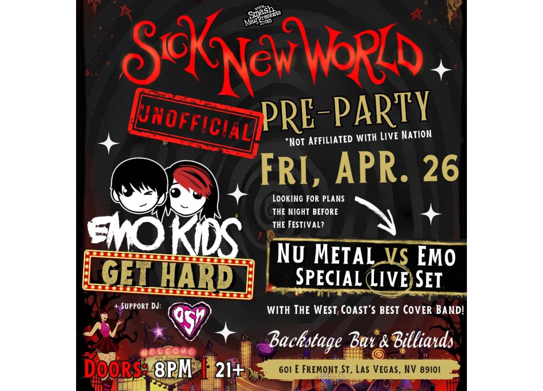 ⚡️On Sale⚡️

Emo Kids
Unofficial Kick Off Party for Sick New World
Hours of LIVE Emo + Pop-Punk Hits

with DJ OSH

Apr 26
8pm 21+
at @BackstageBarLV 

Tix 👉: seetickets.us/event/Emo-Kids…

#Vegas #Concert #DTLV #livemusic #emo #emomusic #emoscene #emonight  #emocoverband #coverband