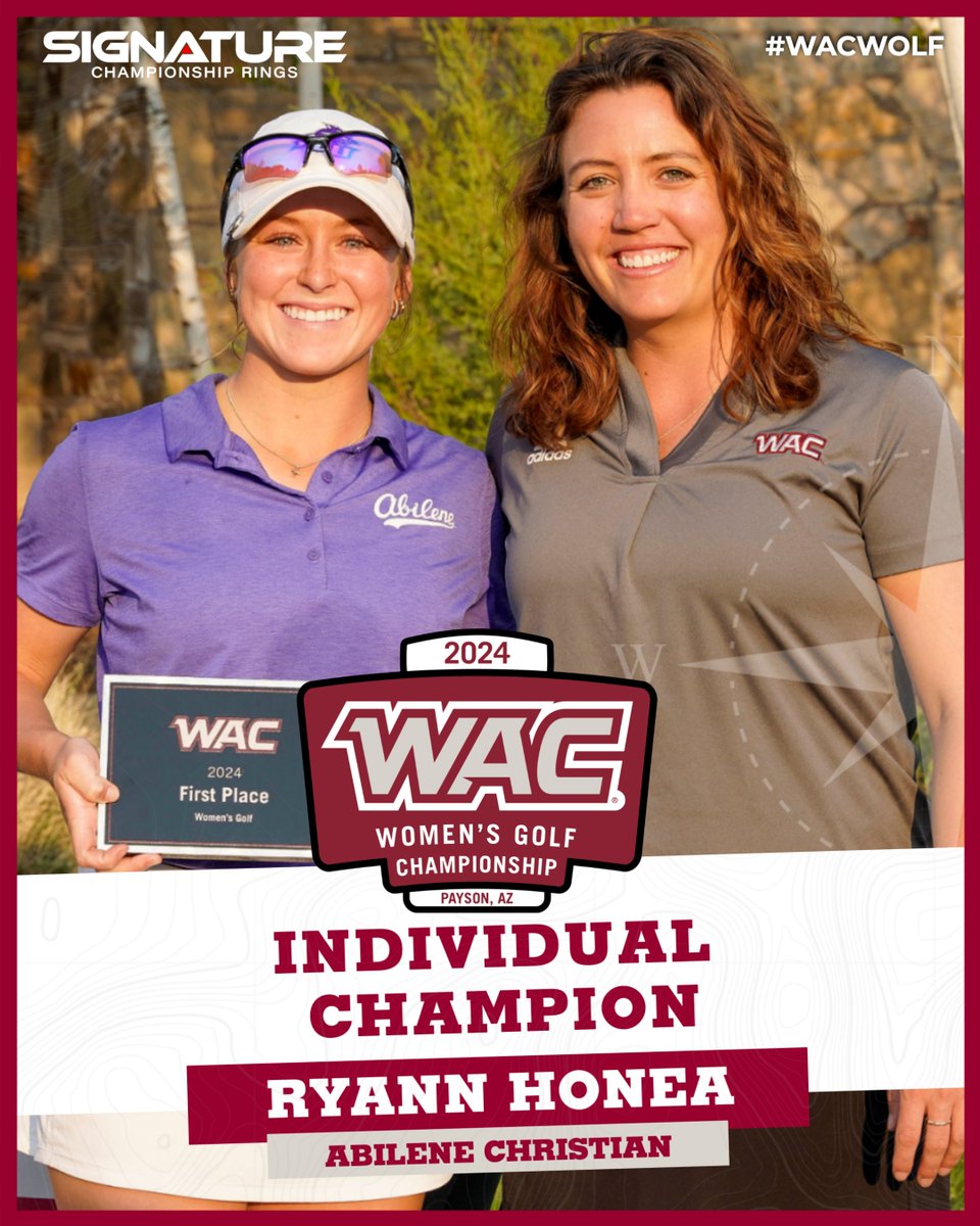 🏆 2024 WAC Women's Golf Individual 𝗖𝗛𝗔𝗠𝗣𝗜𝗢𝗡!

Congratulations Ryann Honea of @ACU_WGolf!
#OneWAC x #WACwgolf