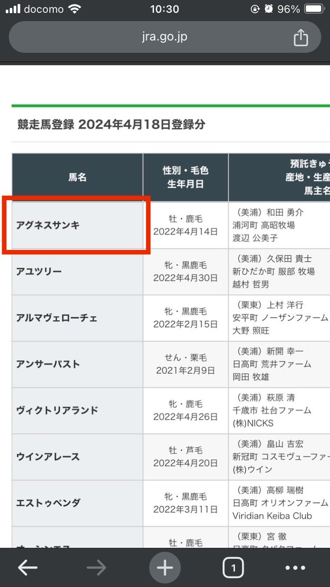 【朗報】

冠名　アグネス　復活！！

去年の夏に現役馬が居なくなって空白の時間があったけど、8ヶ月ぶりにアグネスの名前が！

父マクフィ、母方にダンシングブレーブ、エルコンドルパサーがいる。

※馬主の渡辺公美子さんは孝夫さんの次女