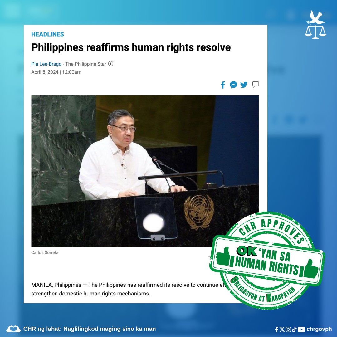 The Philippines has reaffirmed its resolve to continue efforts to strengthen domestic human rights mechanisms. Read: philstar.com/headlines/2024… #ObligasyonAtKarapatan