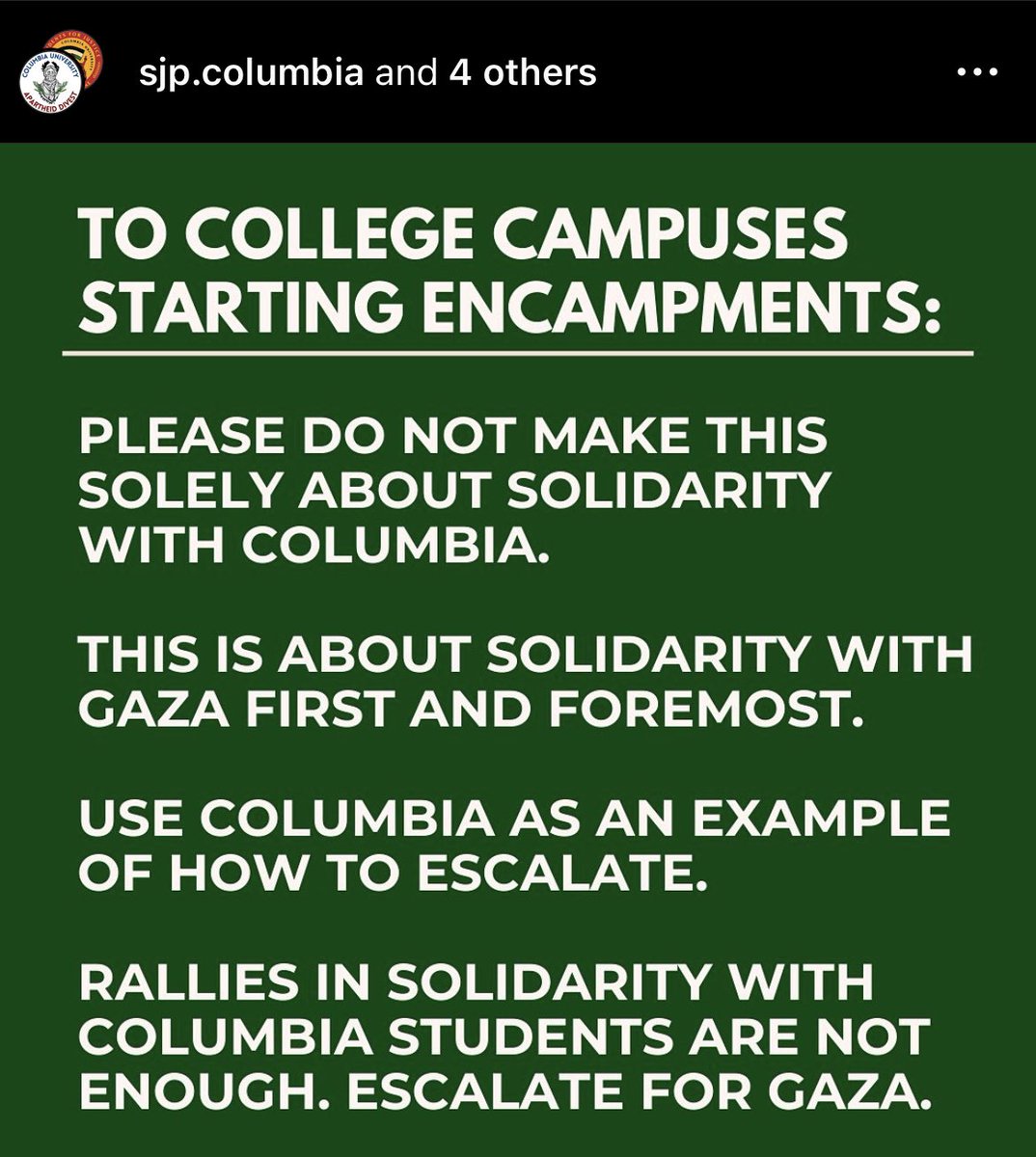 Please read this as many times as you need to. We don’t need rallies at other institutions saying “We stand with Columbia”. We need you to escalate for the sake of Gaza and take inspiration and tactics from Columbia as needed! Please focus on Gaza!!!