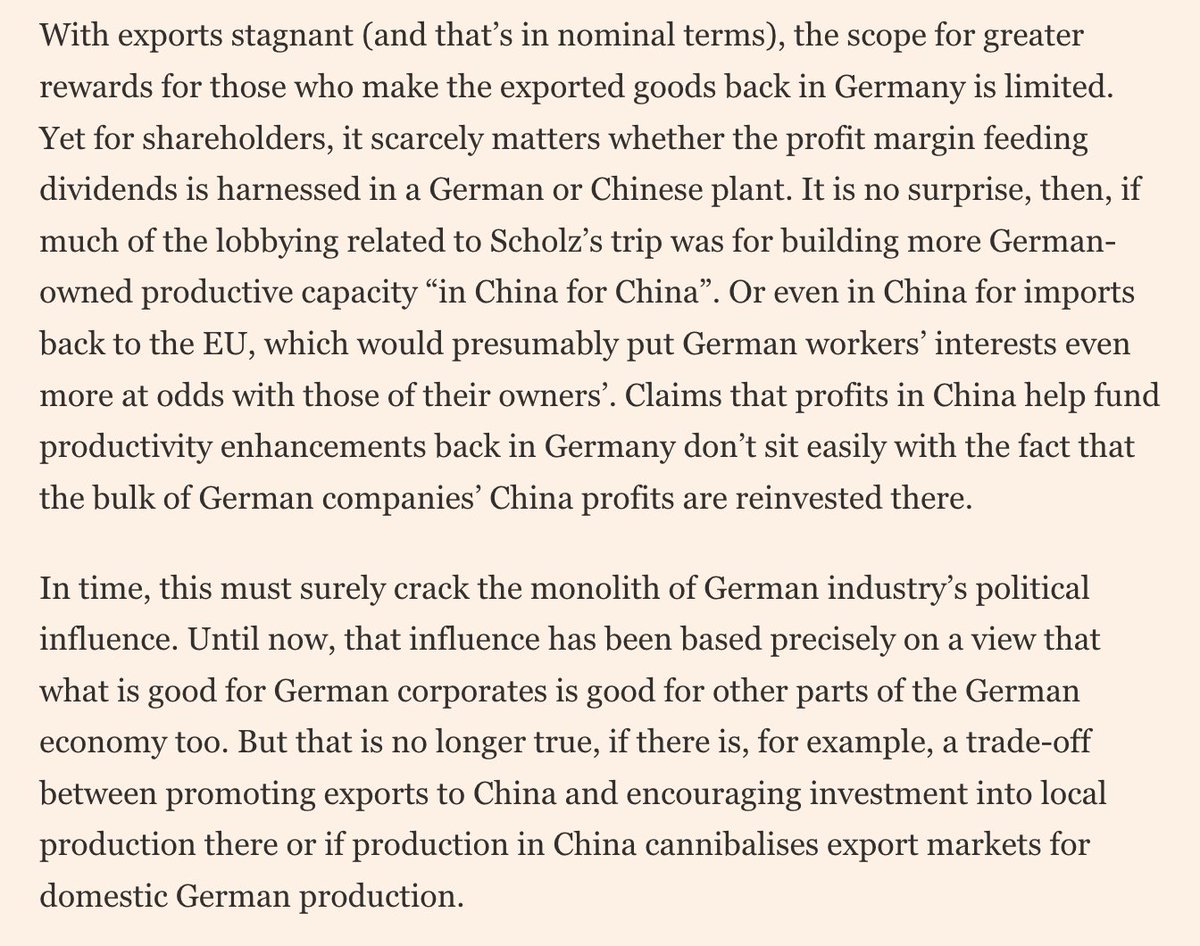 As Blinken heads to Beijing, I'm still trying to puzzle through Scholz's trip last week. This vg piece from @MESandbu gives the best account i've found on the political economy underpinnings of Germany's approach. 'Germany’s doomed China strategy' ft.com/content/2ff22d…