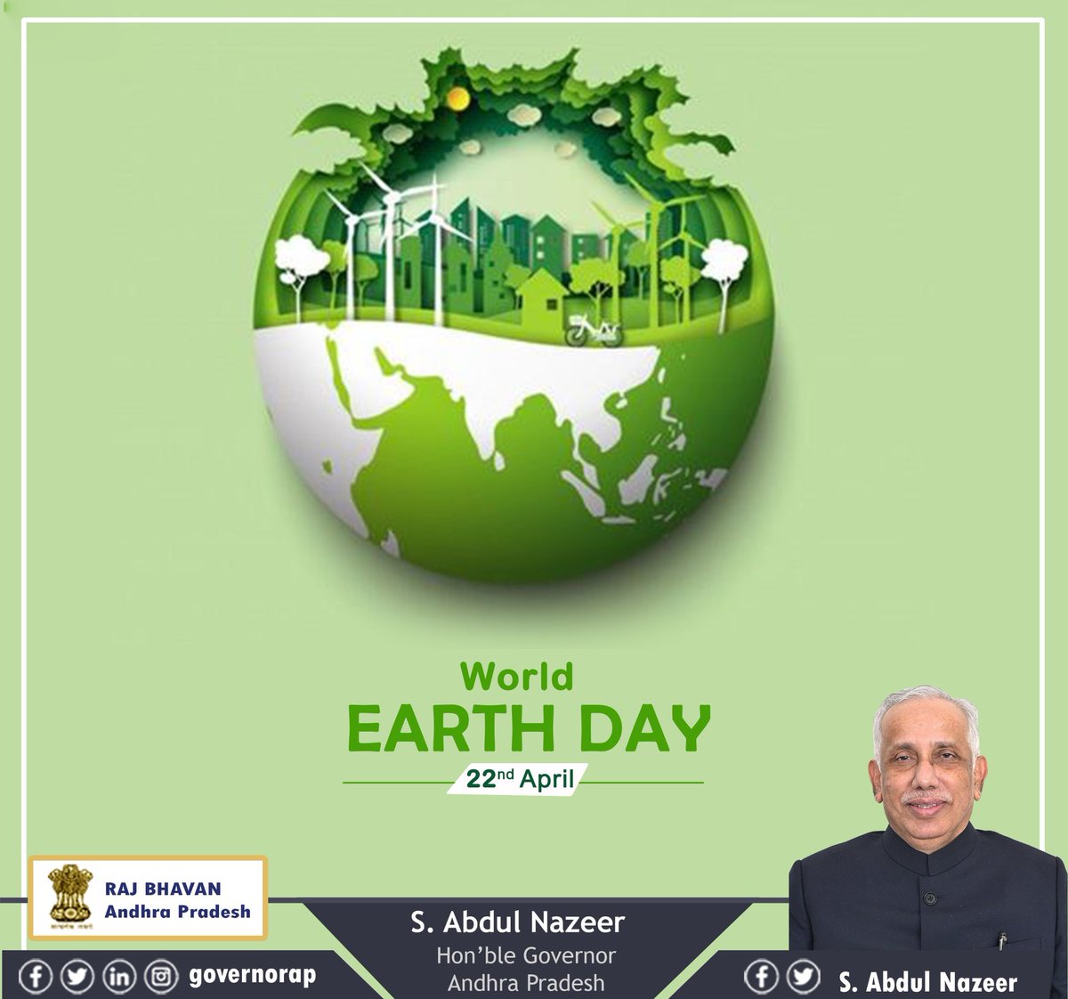 On 'World Earth Day' Governor of Andhra Pradesh Sri S. Abdul Nazeer said Climate change poses a biggest challenge to the future of the mankind. Let's pledge to keep our planet healthy by planting more trees and promoting harmony with nature for a better future of Planet Earth.
