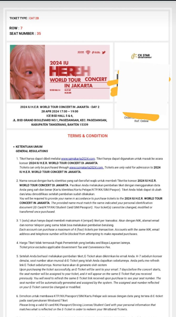 WTS TIKET KONSER IU H.E.R World Tour Concert Day 2, 1 Tix, Cat 2B , Row 7 Seat 35. 
Please DM if interested

#wts #IU_WORLD_TOUR