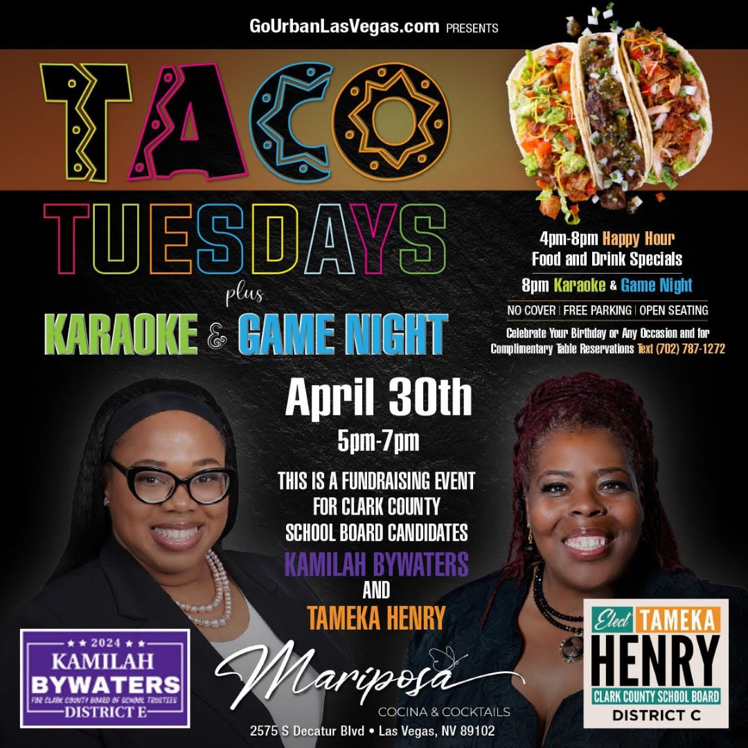 FUNDRAISER TO HELP US MAKE HISTORY ON THE CCSD SCHOOL BOARD.
Tameka Henry & Kamilah Bywaters Fundraiser at Mariposa Cocina & Cocktails on April 30, 2024 at 5:00 pm - 7:00 pm.