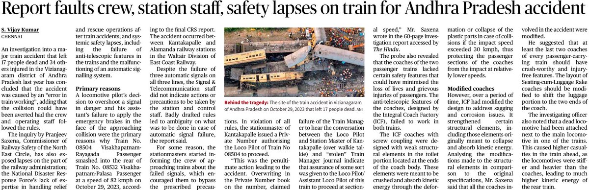 #CRS report says had anti-telescopic feature worked deaths/injuries would have been significantly less. #NDRF not trained to handle railway disasters, station/control staff had no idea what to do when auto signals failed @RailMinIndia @AshwiniVaishnaw @NDRFHQ @AndhraPradeshCM