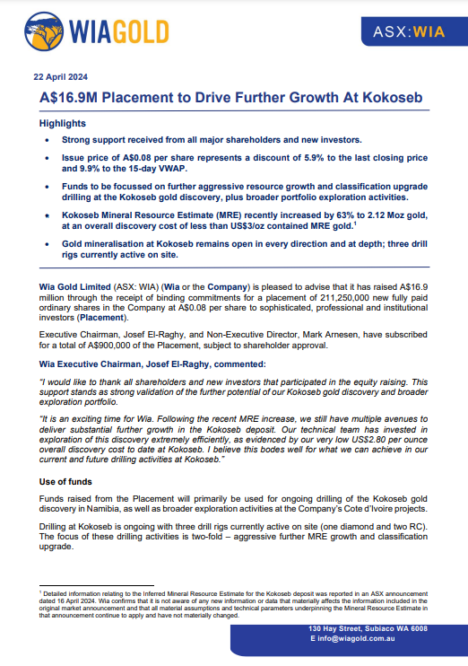 WIA_Gold's tweet photo. Exciting news from Wia Gold🌟We've successfully raised A$16.9M in a placement, fuelling our growth journey at Kokoseb. With strong support from shareholders &amp; new investors, we're set to accelerate resource growth drilling activities.

Read more here: https://t.co/bcWAExRLFl
$WIA https://t.co/s1Lv9nrQ2p