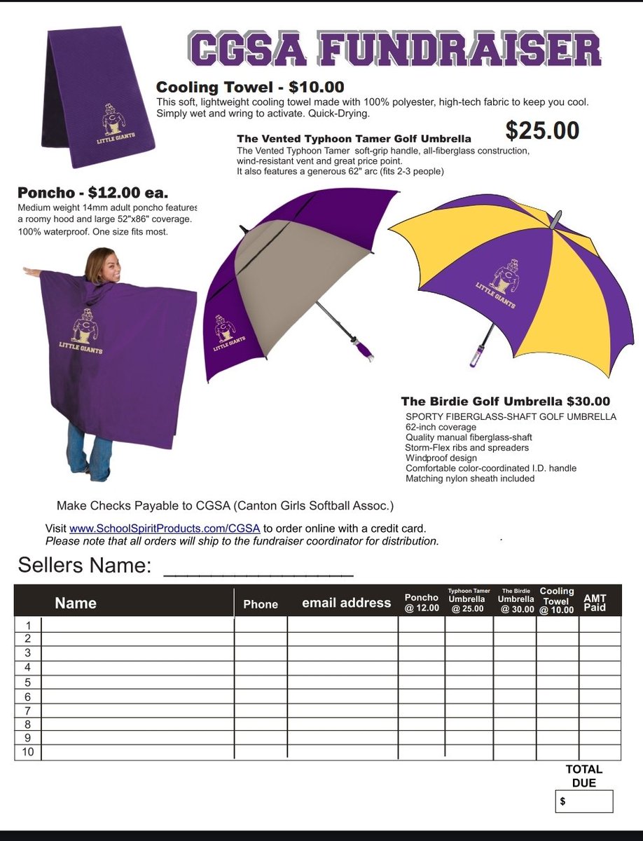 Need an umbrella, poncho, or cooling towel for your summer season??? Contact your favorite CGSA player or use the link below to order!

schoolspiritproducts.com/canton.htm