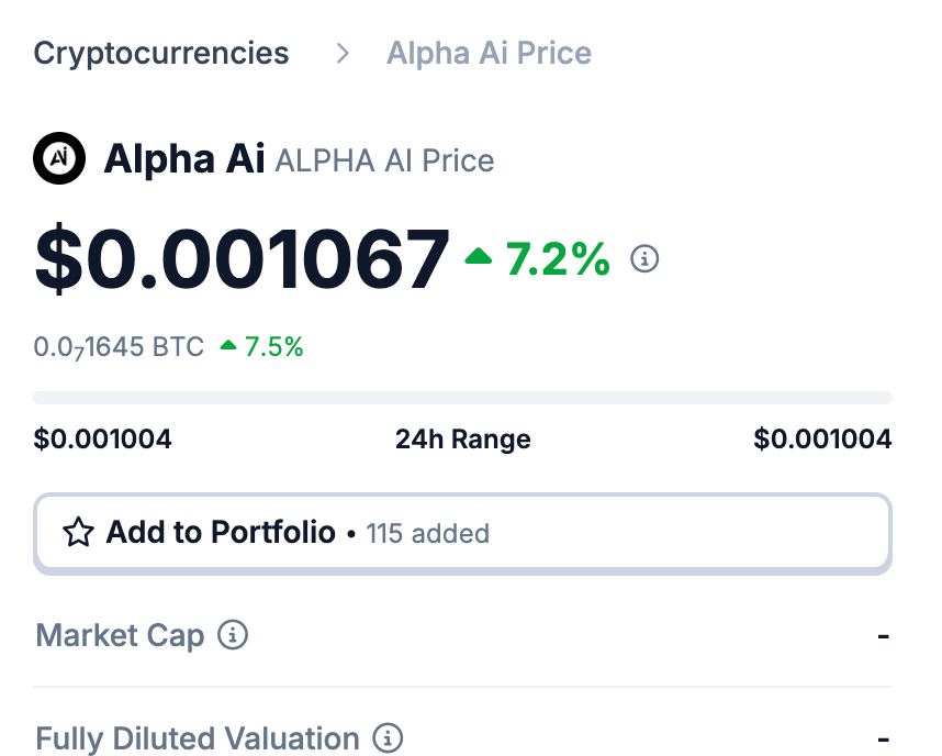 Alpha-AI Fast-Tracked on CoinGecko!

Don't forget to add on your portfolio! 🌟

✅ coingecko.com/en/coins/alpha…