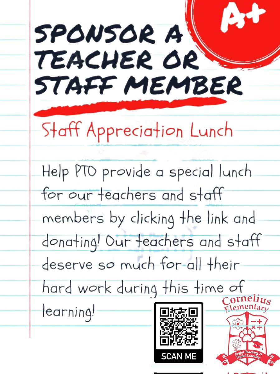 cornelius_pto's tweet photo. Teacher Appreciation Week is quickly approaching! Help PTO sponsor our 90 teacher and staff a delicious lunch! 🍎 Click the link to donate any amount to make this possible ♥️🐾 https://t.co/w6rRQo8WwO 

@CorneliusElem @HisdSouth @HISDFACE @HISDChoice @HoustonISD @ptotoday https://t.co/Wbjvfmu0HJ
