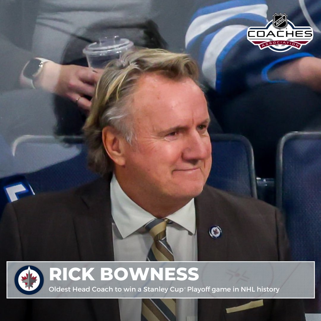 NHLCoachesAssoc's tweet photo. With tonight’s win, @NHLJets Rick Bowness is the oldest Head Coach to win a #StanleyCupPlayoff game in NHL history.
#GoJetsGo https://t.co/1UEpsSgQcX