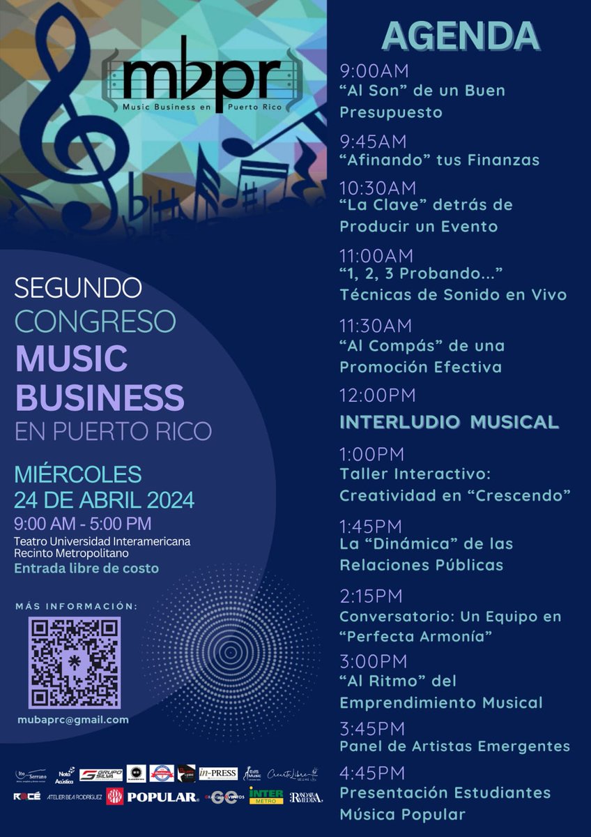 mubainter's tweet photo. No es lo mismo saber MÚSICA  que saber del NEGOCIO de la MÚSICA.
CONGRESO MUSIC BUSINESS EN PUERTO RICO  2da Edición 
Miércoles 24 de abril de 2024
9am-5pm Teatro Universidad Interamericana Metro 
¡Libre de Costo!
https://t.co/ODbq40RAZ8
#mbpr2024  #musicbusiness #mubainter https://t.co/12MVwJpZha