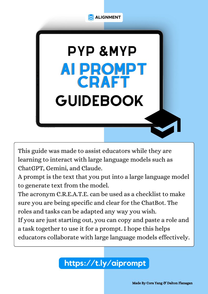We (<a href="/desertclimber/">Dalton Flanagan(he/him)</a>&amp;I) made AI prompt guides with ready-to-use roles designed specifically for #MYP and #PYP educators. Follow CREATE method: Context, Role, Example, Audience, Task, Evaluate, to enhance #teaching and #learning.  Download🔗 t.ly/aiprompt #AIinEdu #edtech