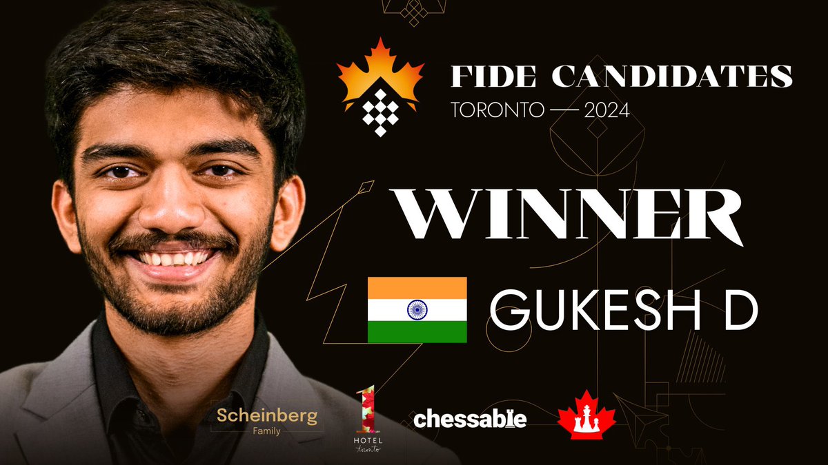 Congratulations @DGukesh for winning the Champion of FIDE Candidates Chess Tournament 2024!! What a performance by 17 year old. India is proud of u. With this amazing victory, Gukesh will challenge the reigning World Champion. @FIDE_chess @ChessbaseIndia #chess