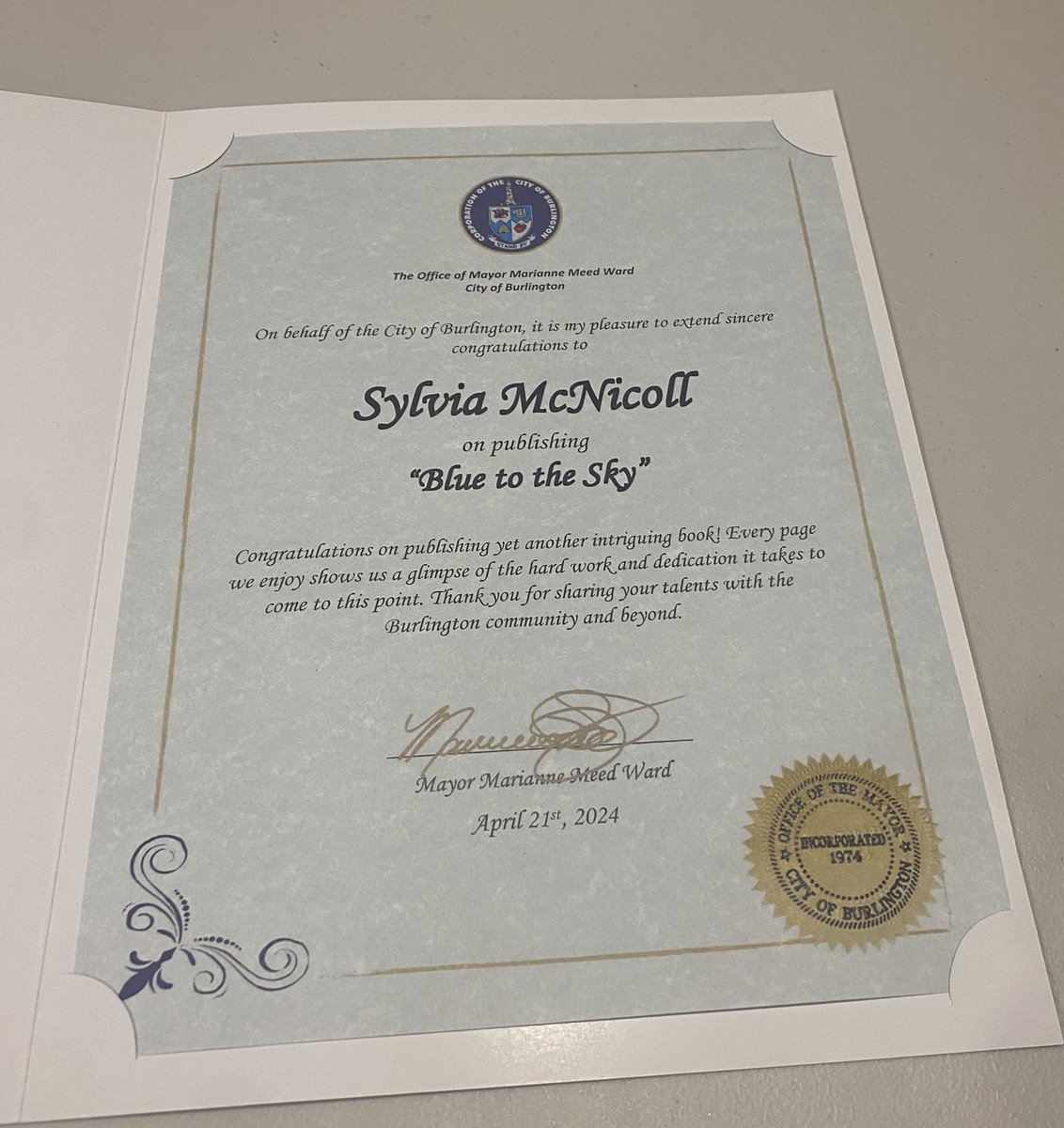 Honoured by an official congratulations from @MayorBurlington on the publication of Blue to the Sky @dcbyoungreaders @DrummerBooks @CANSCAIP @kidsbookcentre