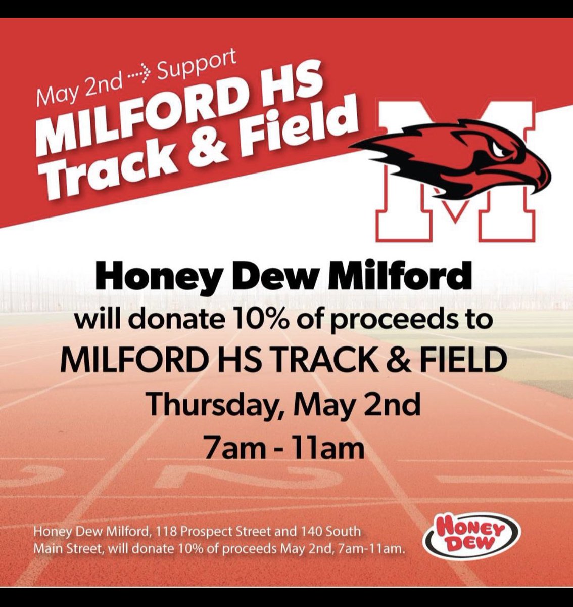 MHS T&F Fundraiser is around the corner!$!#%! HoneyDew Thurs 5-2 from 7am-11am, TIME 2 RAWK!🥳 @MilfordSchools @jcotlin @MHSBoosters2 @Chappy8611 @LauriePinto5