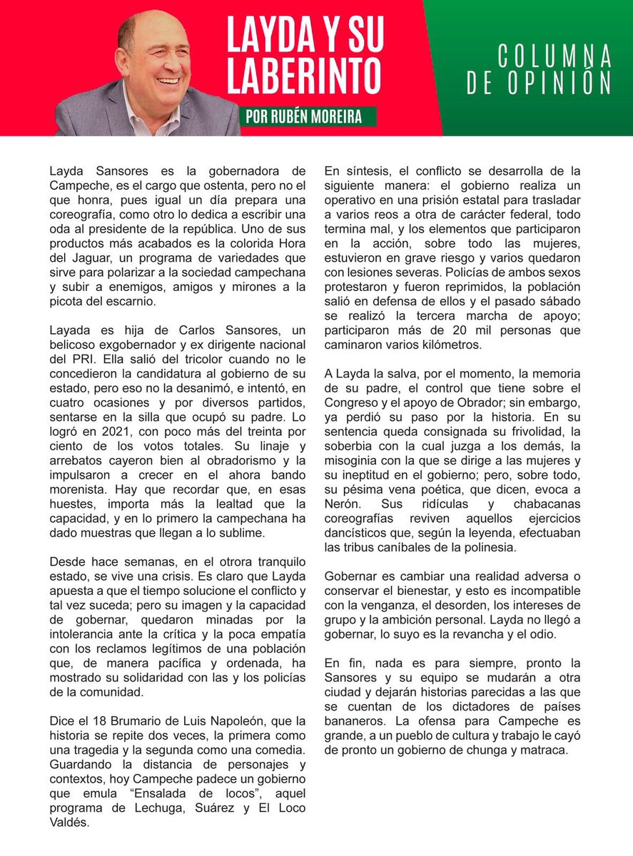 rubenmoreiravdz's tweet photo. “A @LaydaSansores la salva, por el momento, la memoria de su padre, el control que tiene sobre el Congreso y el apoyo de Obrador; sin embargo, ya perdió su paso por la historia.”

Te invito a leer mi columna “Layda y su laberinto”, espero tus comentarios. 

▪️ https://t.co/N5Wd5wmlX7

▪️ https://t.co/ZbhQXzb6jH

▪️ https://t.co/v2YGMcBPMe

▪️ https://t.co/0ckcmhlOI1

▪️ https://t.co/D2jnzQ8iDc