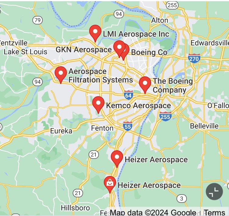 @abraxitaxi Where is St. Louis? I seem to recall there’s a pretty good sized Boeing Defense facility there. And there seem to be some others, too: