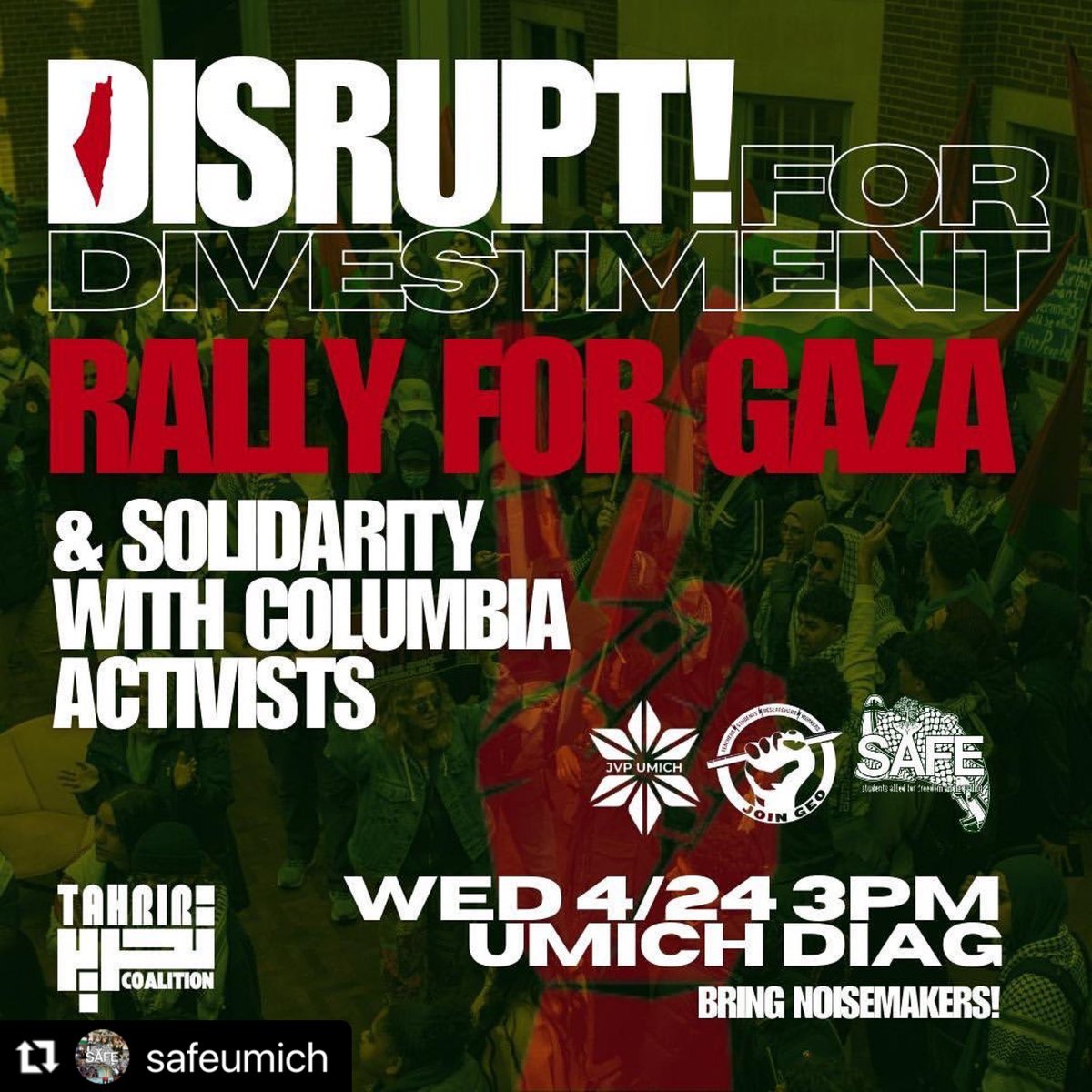 CALL TO ACTION! Join us on the diag THIS WEDNESDAY to demand divestment and to demonstrate our solidarity with our pro-Palestine peers at Columbia!