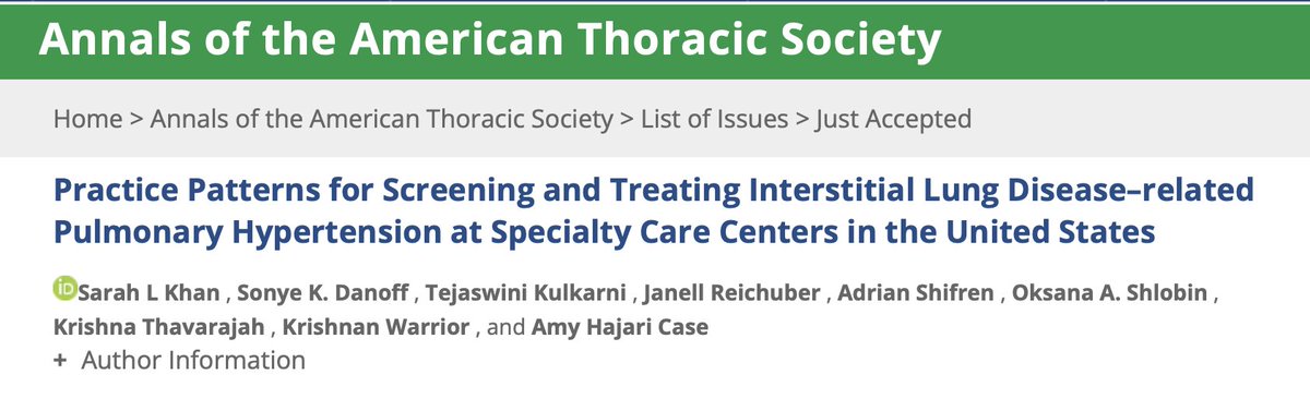 Just Accepted @AnnalsATS 🎉 Excited to share work led by one our ⭐️fellows @sarah_l_khan on Practice Patterns for Screening and Treating ILD-related PH across centers in the US🫁 🔗atsjournals.org/doi/10.1513/An…