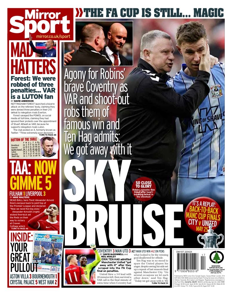 Monday’s MIRROR Sport: “Sky Bruise” #TomorrowsPapersToday