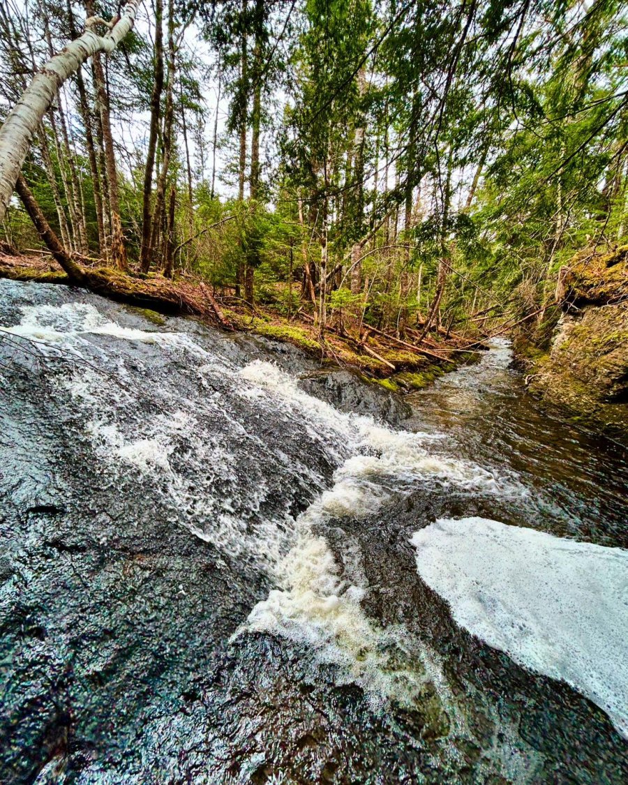 Details to reach a quasi road side small slider fall off College Road nearish Lochaber. trailpeak.com/trails/13827 #neverstopexploring #waterfallsofnovascotia