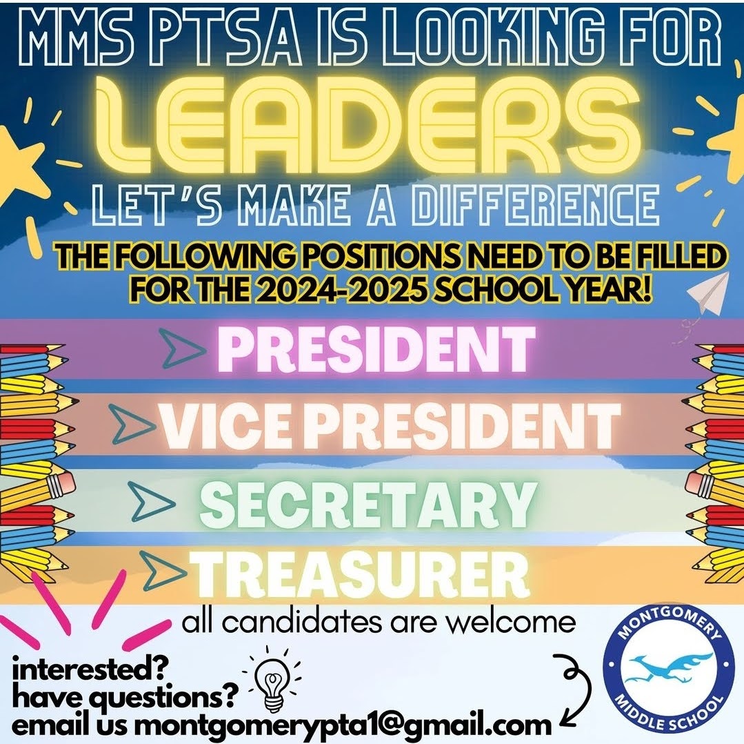 Are you ready to make a positive impact in school for your children! Joining PTSA is the best way to do it! CONTACT US TODAY at montgomerypta1@gmail.com **Training available