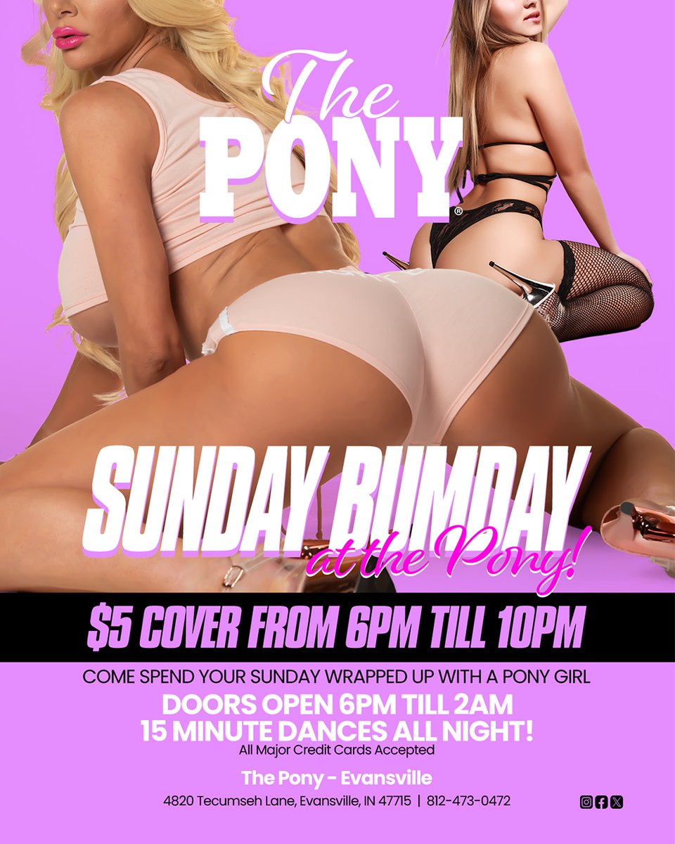 Happy #SuperSunday!
Come out and play with the Pony Princesses!
15-minute private dances for $75 ALL NIGHT!
$5 Cover until 5pm! 

.
.
#sunday #sundayfunday #sundaybumday #vip #fun #thepony #ponyevansville #evansville #stripclub