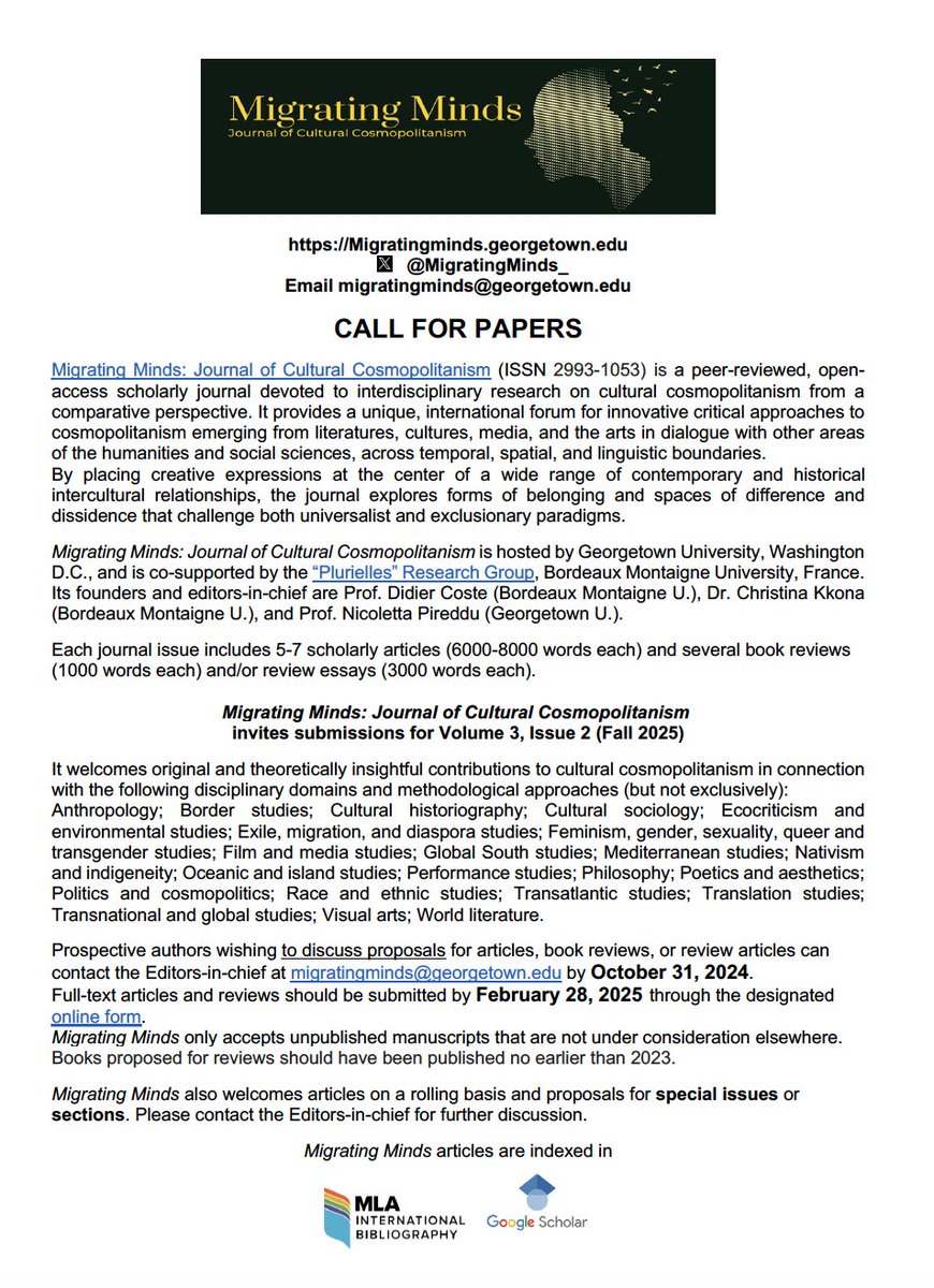 MigratingMinds Journal of Cultural Cosmopolitanism (@migratingminds_) on Twitter photo New issues of <a href="/MigratingMinds_/">MigratingMinds Journal of Cultural Cosmopolitanism</a> are underway! We invite contributions for Vol.3, n.2 (Fall 2025). Proposals by Oct. 31, 2024; full-text submissions by Feb. 28, 2025. Proposals for articles, book reviews, review articles, special issues/sections are also welcome on a rolling basis. New issues of <a href="/MigratingMinds_/">MigratingMinds Journal of Cultural Cosmopolitanism</a> are underway! We invite contributions for Vol.3, n.2 (Fall 2025). Proposals by Oct. 31, 2024; full-text submissions by Feb. 28, 2025. Proposals for articles, book reviews, review articles, special issues/sections are also welcome on a rolling basis.