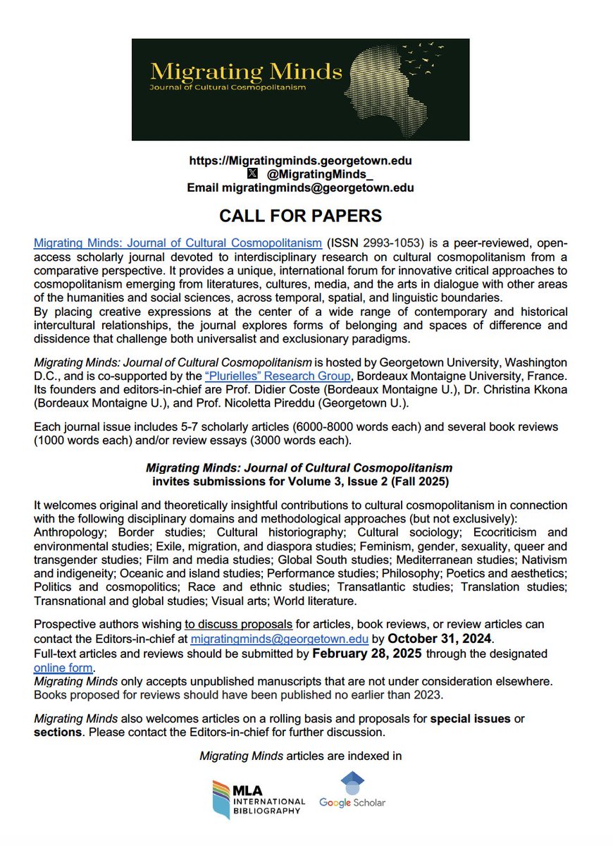 New issues of @MigratingMinds_ are underway! We invite contributions for Vol.3, n.2 (Fall 2025). Proposals by Oct. 31, 2024; full-text submissions by Feb. 28, 2025. Proposals for articles, book reviews, review articles, special issues/sections are also welcome on a rolling basis.