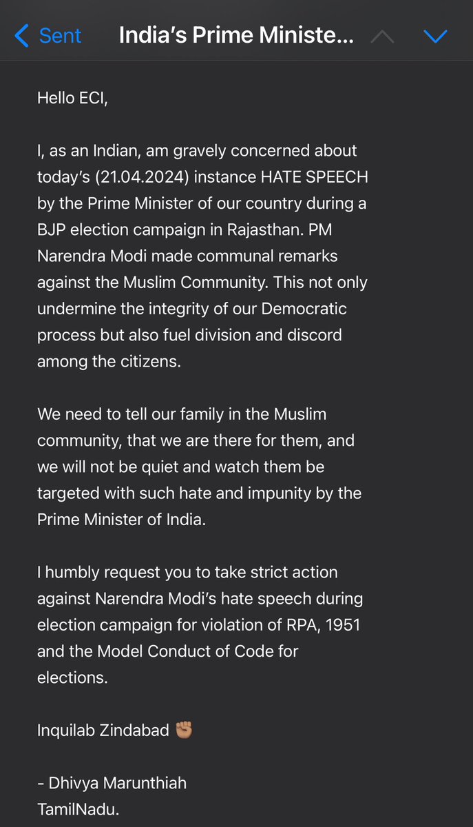 Copy of the E-mail complaint I sent to Election Commission of India against Narendra Modi’s Hate Speech. This is the email address of the Chief Election Commissioner: cec@eci.gov.in Write to them and demand action as a responsible citizen please. #HateMongerModi