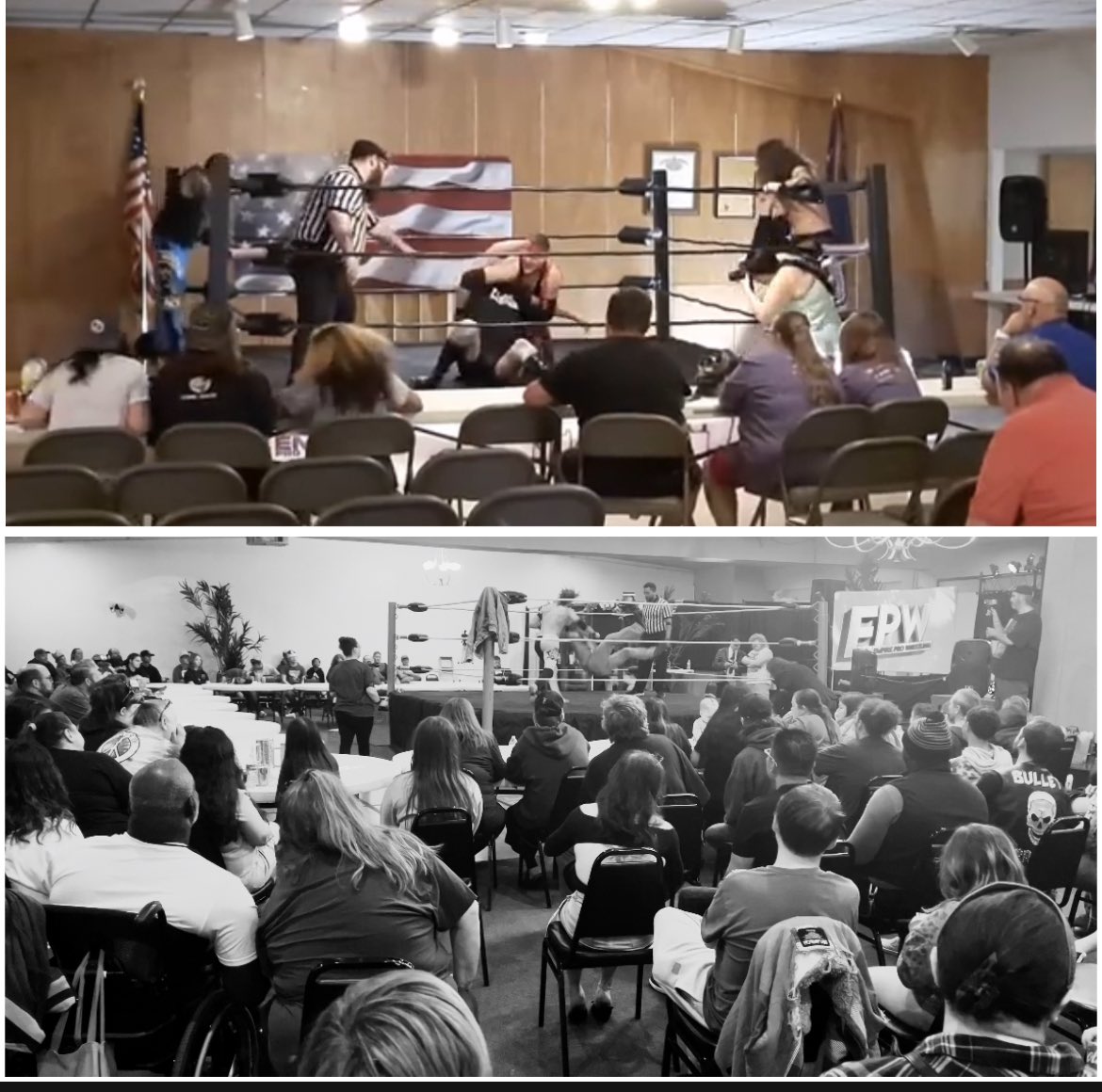 How it started - How it’s going. 
You’ve got to start somewhere and for us it was the local VFW. #EPW is committed to becoming Oklahoma’s premier wrestling organization: for fans, for wrestlers, for ALL who love this sport. 
We’re ready to enter our next phase of growth. #JoinUs