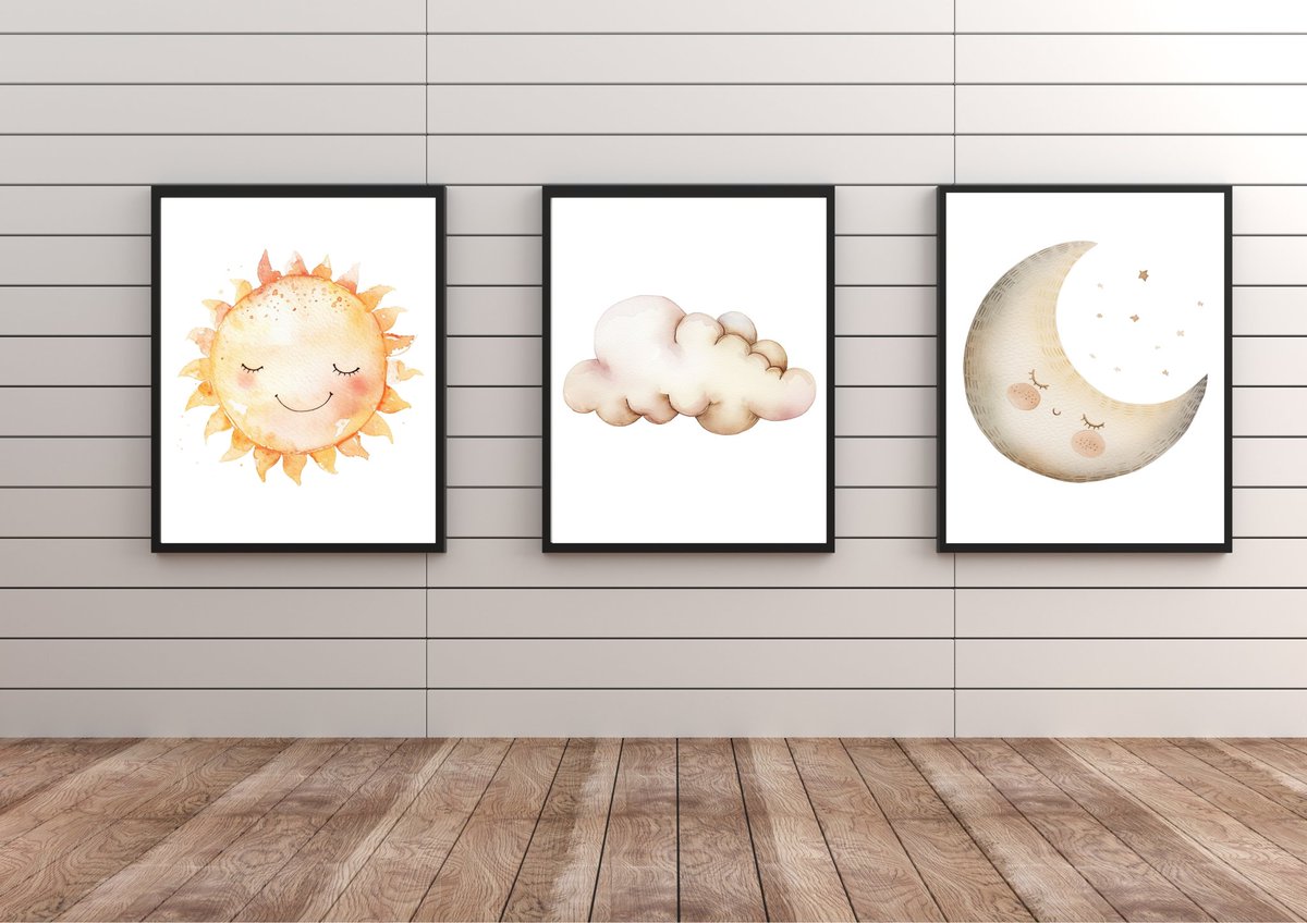 Set Of 3 Sun, Moon & Cloud Print. A4 PRINT : 29.6 x 21.2 CM / 8.2' x 8.5' PRINTS | 250gsm White Card | High Quality Ink. UNFRAMED | PRINT ONLY - Frame is for display purposes only. #madebyloveandsparkles #personalisedprints #babyprints #personalisedgifts