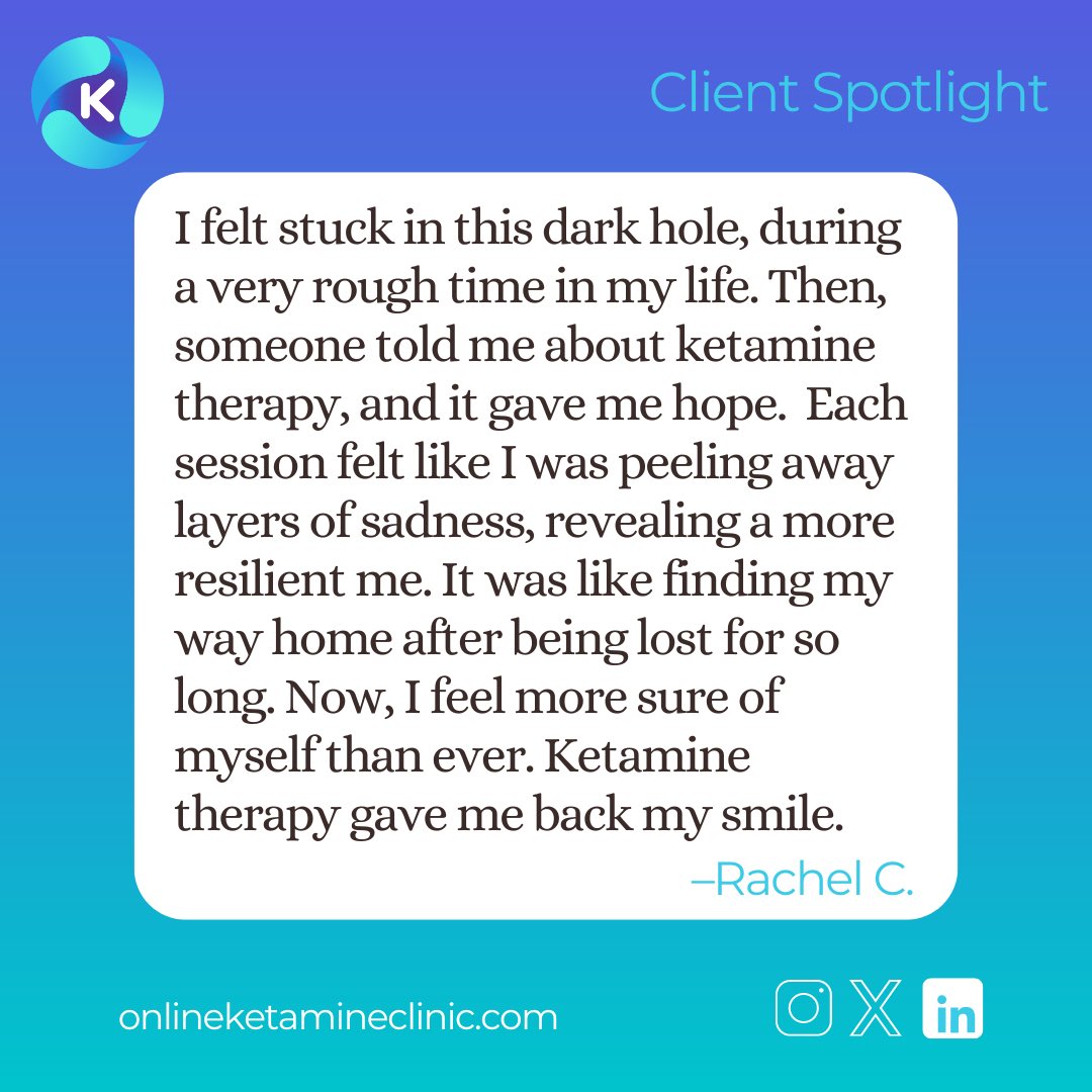 Struggling through a tough time, Rachel found hope with ketamine therapy. Let's find your way together. 💜 Find out if you're a candidate for at-home ketamine therapy and start healing with us: onlineketamineclinic.com/qualify 💜
#ClientSpotlight #KetamineTherapy #depression
#mentalhealth