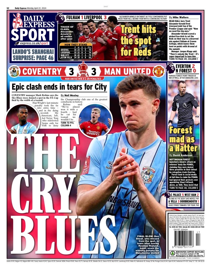 Monday’s EXPRESS Sport: “The Cry Blues” #TomorrowsPapersToday