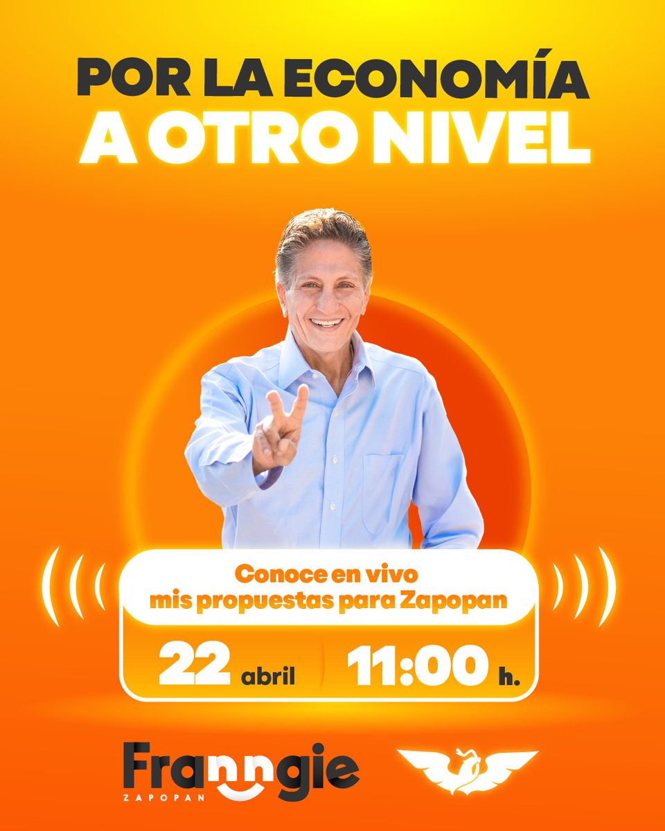 JuanJoseFrangie's tweet photo. Las y los espero a las 11:00 h para que conozcan mis propuestas para llevar A OTRO NIVEL el desarrollo económico de Zapopan. 🔝 

No se pierdan ningún detalle. ✌🏼 https://t.co/hSj6LshmRu