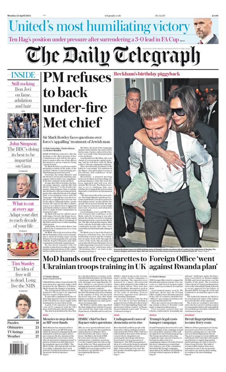 Monday’s Daily TELEGRAPH: “PM refuses to back under-fire Met chief” #TomorrowsPapersToday