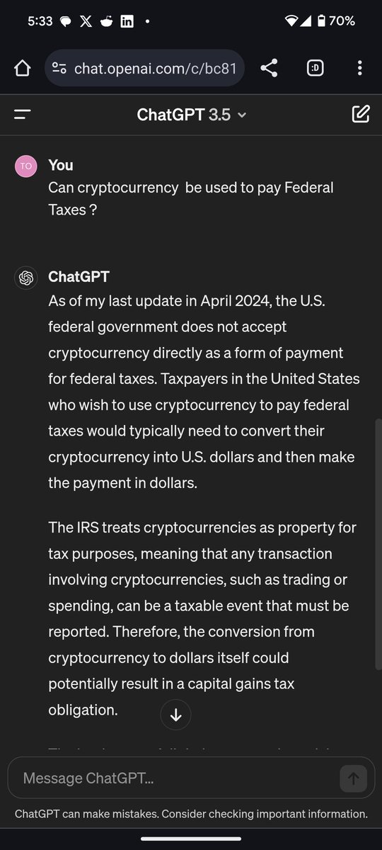 ChatGPT:  Can cryptocurrency be used to pay U.S.A.  Federal Taxes?