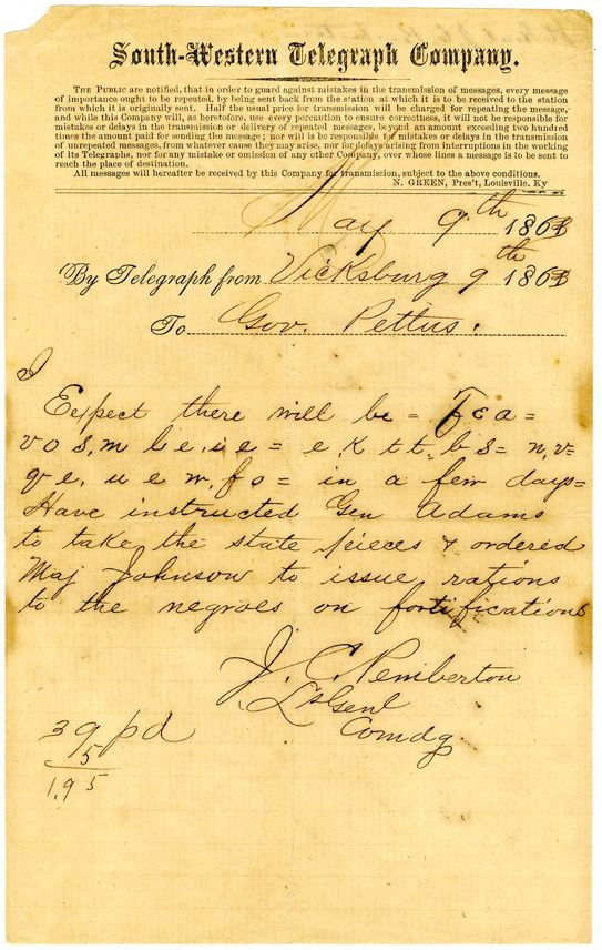 As I'm researching the Army of Vicksburg, I came across this cipher from Gen. Pemberton to Gov. Pettus in the <a href="/CwrgmProject/">Civil War & Reconstruction Governors of MS</a> archives. The message "fea vosmleee elttbs nv qeudwfo" translates to "ten thousand troops at Jackson".