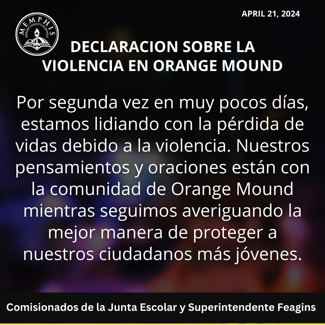 -Statement on Orange Mound Violence- For the second time in too few days, we are grappling with the loss of life due to violence. Our thoughts and prayers are with the Orange Mound community as we continue to figure out how best to protect our youngest citizens.