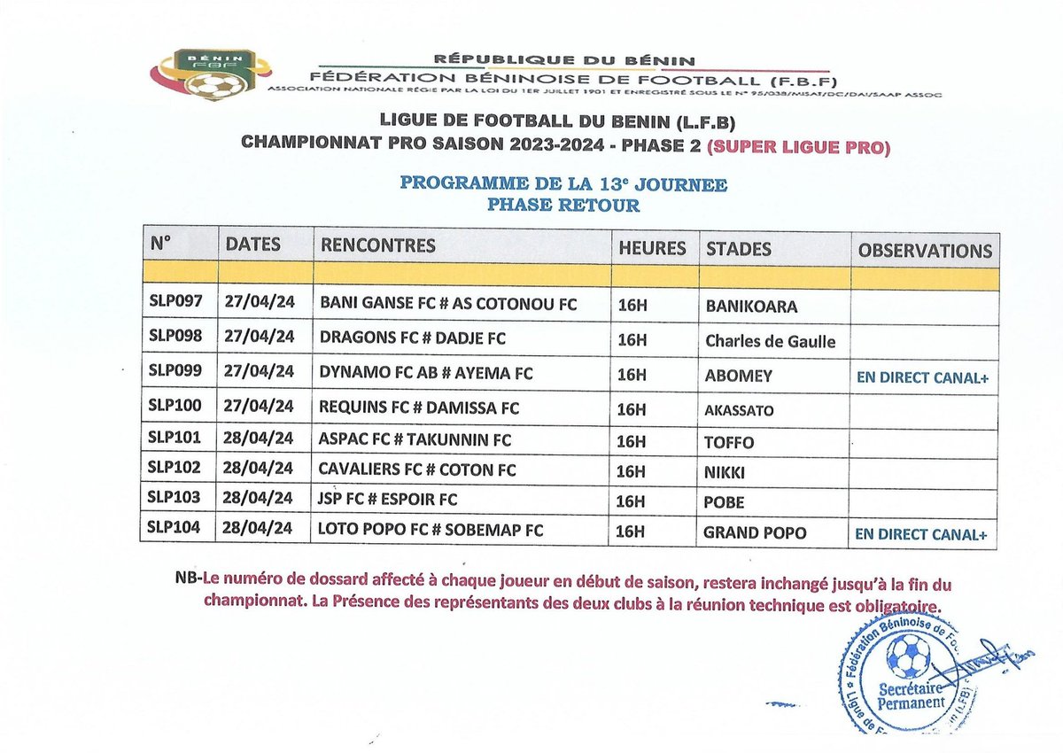 ⚽🏆 Super Ligue Pro - 13e Journée (Saison 2023-2024)

📆  Voici le calendrier des matchs de la 13e journée - Phase Aller

#SuperLiguePro #Calendrier #Febefoot #LigueProfessionnelleBenin
