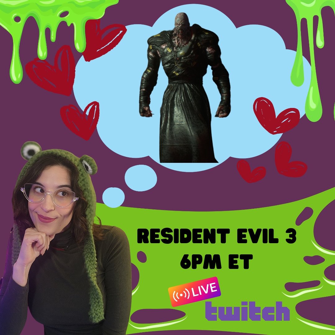 FatalFearGaming's tweet photo. Just can't get this guy out of my head. See you tonight for some heckin' spooks and this hunk! https://t.co/OyrMhioO2F #twitch #horrorgames #residentevil #nemesis #FatalFearGaming #gamergirl #frogs #videogames #streamer https://t.co/dfHZMwSRoe