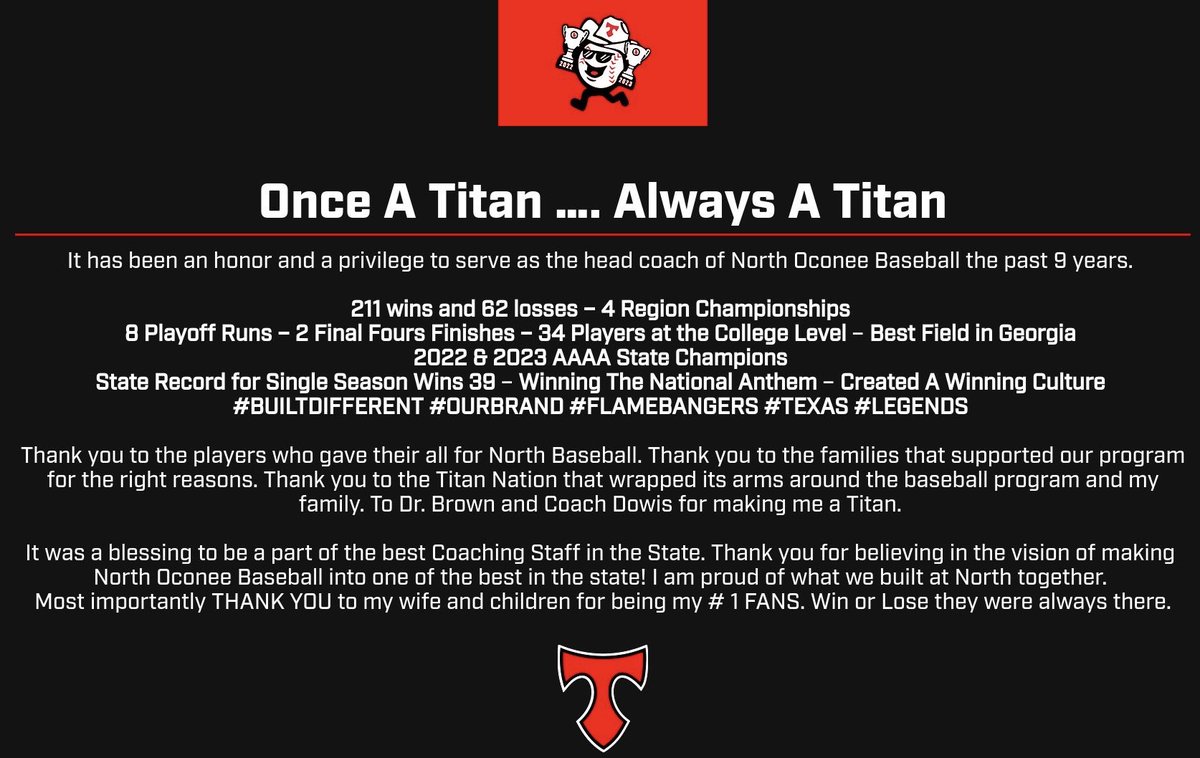One last goodbye …. Thank you to all those players that made the last 9 years so special 2016-2018 for laying the foundation 2019-2021 for changing the culture 2022-2024 for raising the bar Thank you for allowing me the opportunity to be a Titan - Coach Jay Lasley