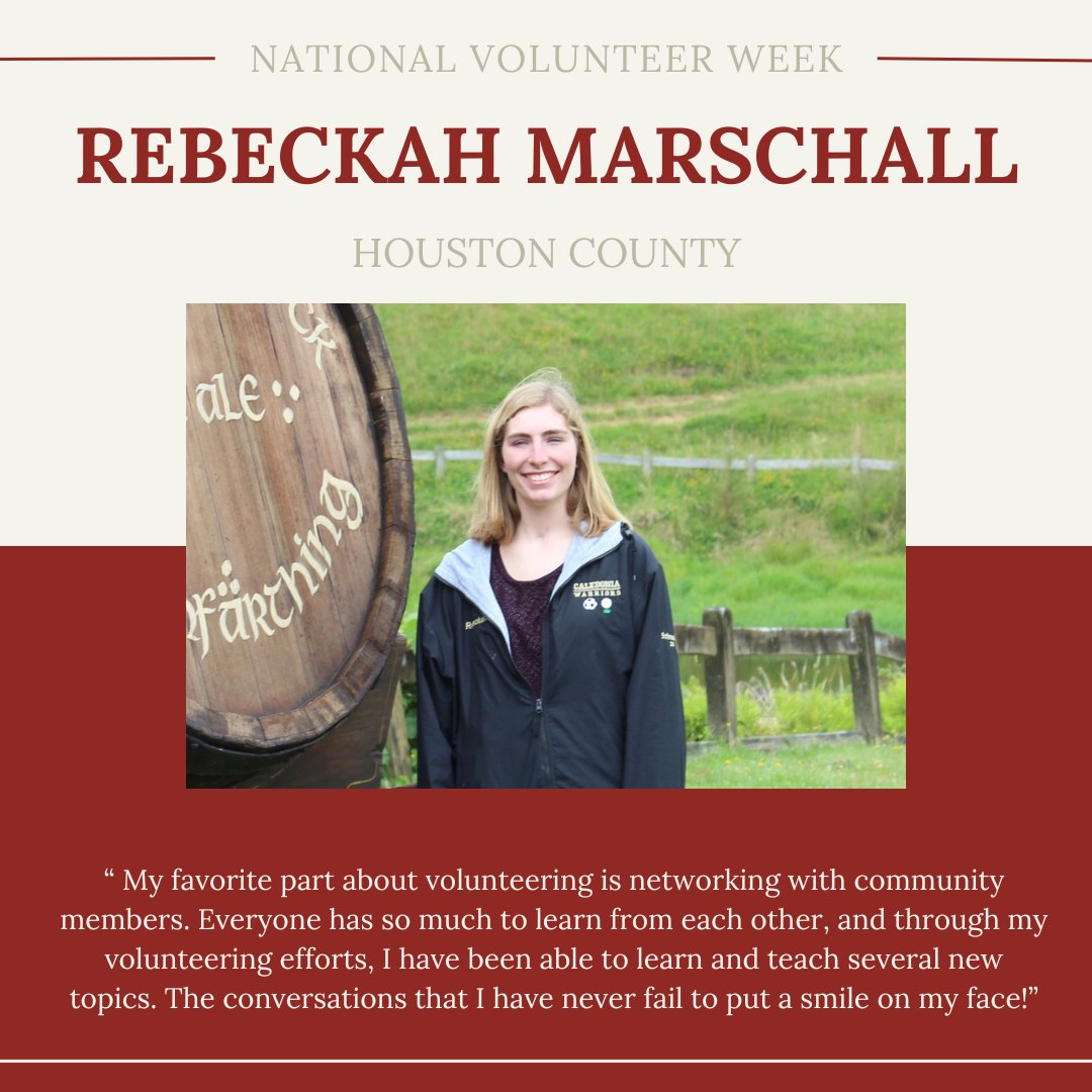 National Volunteer Week gives us the time to shed light on a handful of outstanding individuals dedicated to volunteering in their communities.

Our first volunteer highlight is Rebeckah Marschall from Houston County. Thank you for being a volunteer!