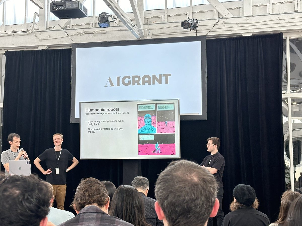 Hilarious first slide from @kscalelabs at AI Grant. 👏 Humanoid robots. Good for two things: 1) convincing smart people to work really hard 🤓 2) convincing investors to give you money 💰 Love the sense of humor😁