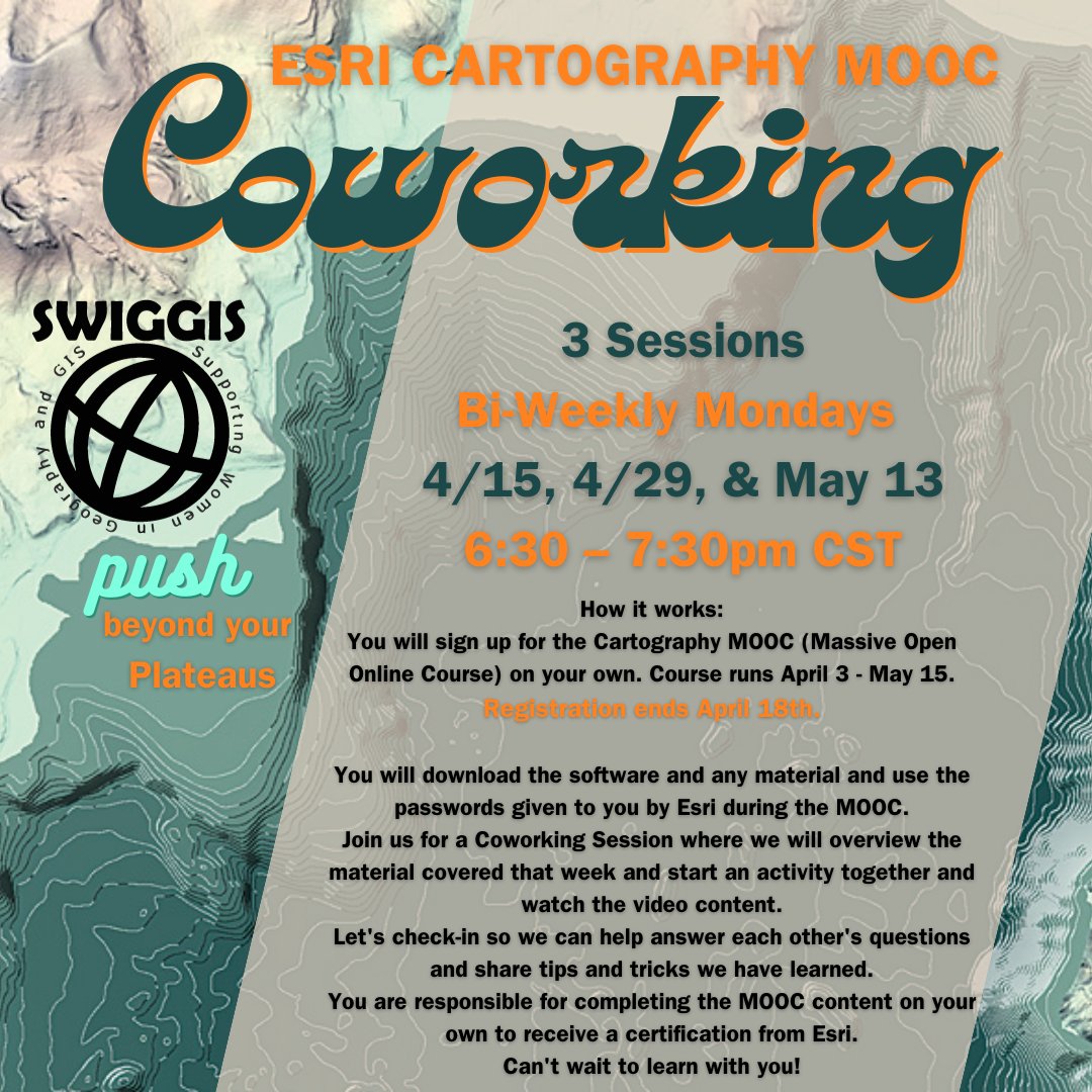 1 week away!

Esri Cartography MOOC Coworking Session (3 of 3)

Monday, May 13 · 6:30 – 7:30pm

RSVP: meetup.com/swiggisaustin/…