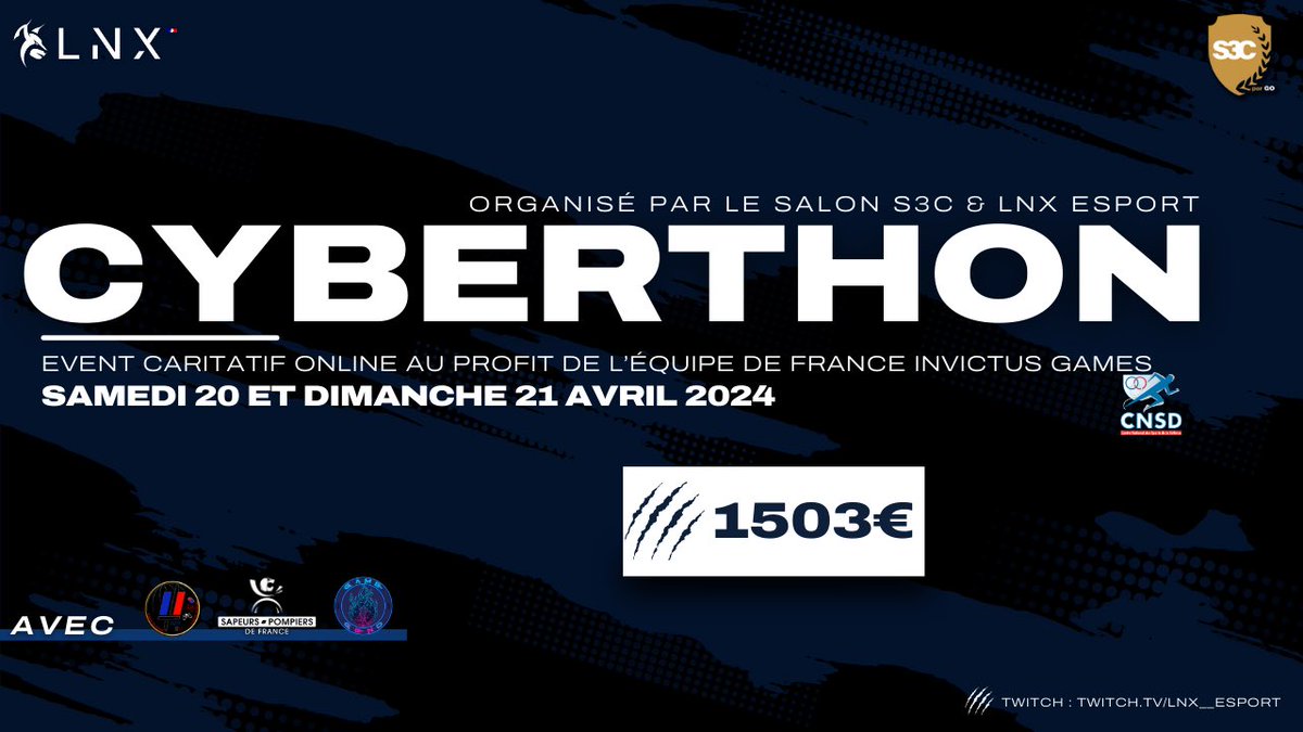 📢 FIN DE CYBERTHON 

Rideau pour la première édition du Cyberthon .. 
Nous terminons avec plus de 1503 euros dans la cagnotte pour l’équipe de France Invictus Games 🥳

Un immense merci à tous les participants 🫶